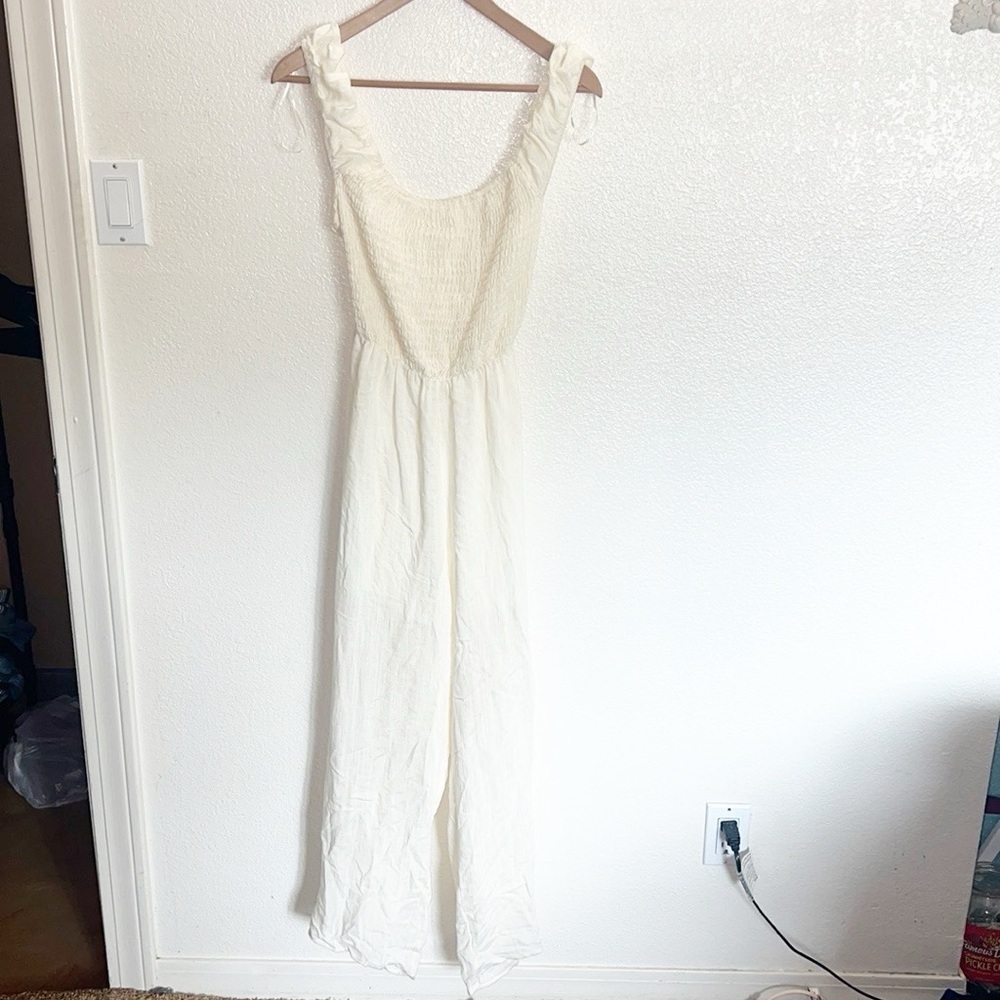 Altar’d State Cream Smocked Criss Cross Tie Open Back Tank Top Jumpsuit